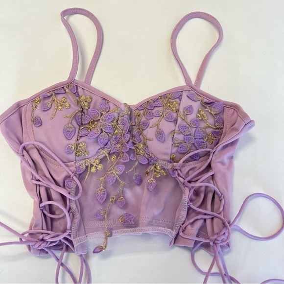 Purple/Gold Lace Up Side Cropped Floral Top - Picture 3 of 7